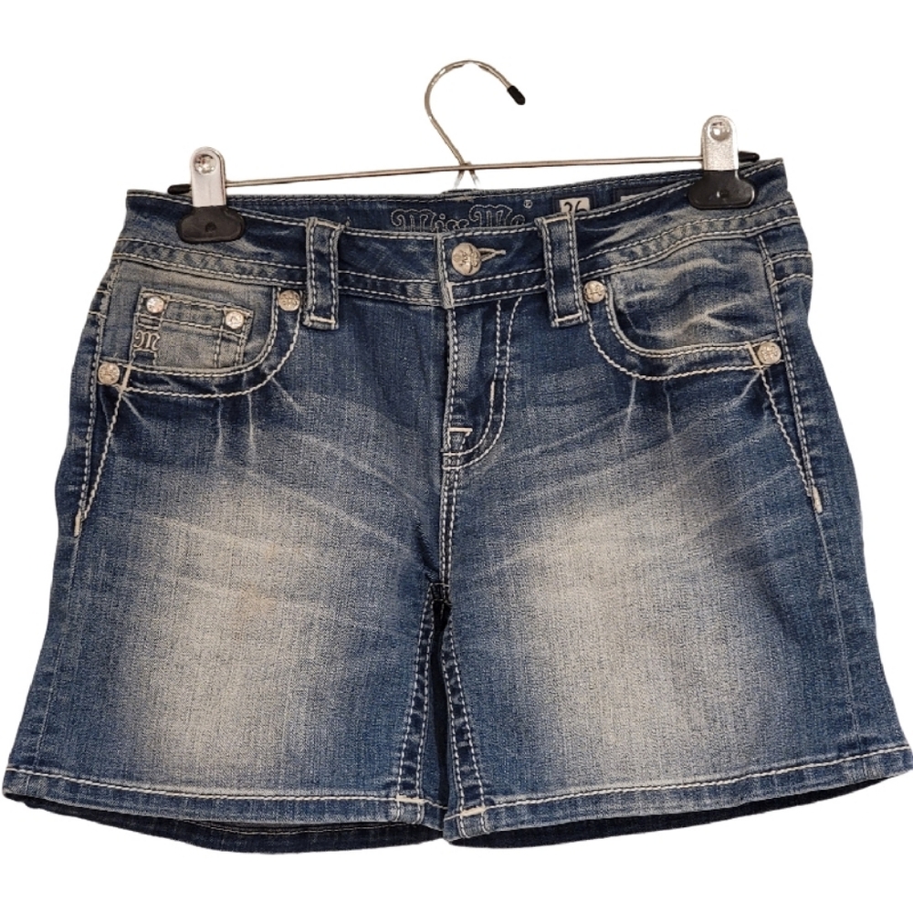 Miss Me Womens Dark Blue Flat Front Buttoned Denim Jean Mid Shorts Size 26